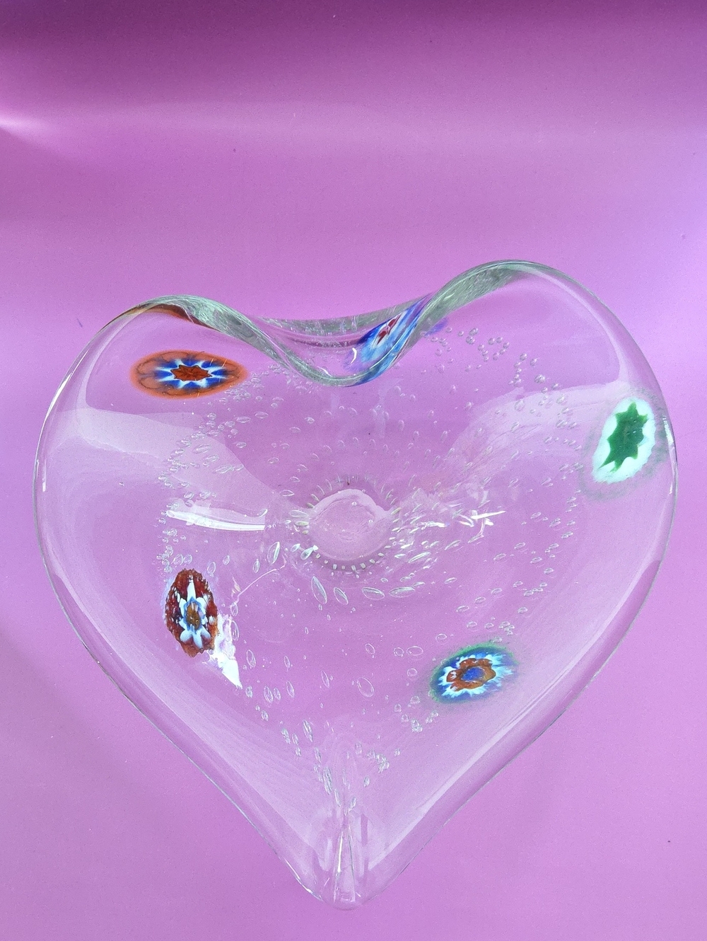 Clear Glass Heart Shaped Bowl with Colorful Millefiori Accents Murano Style
